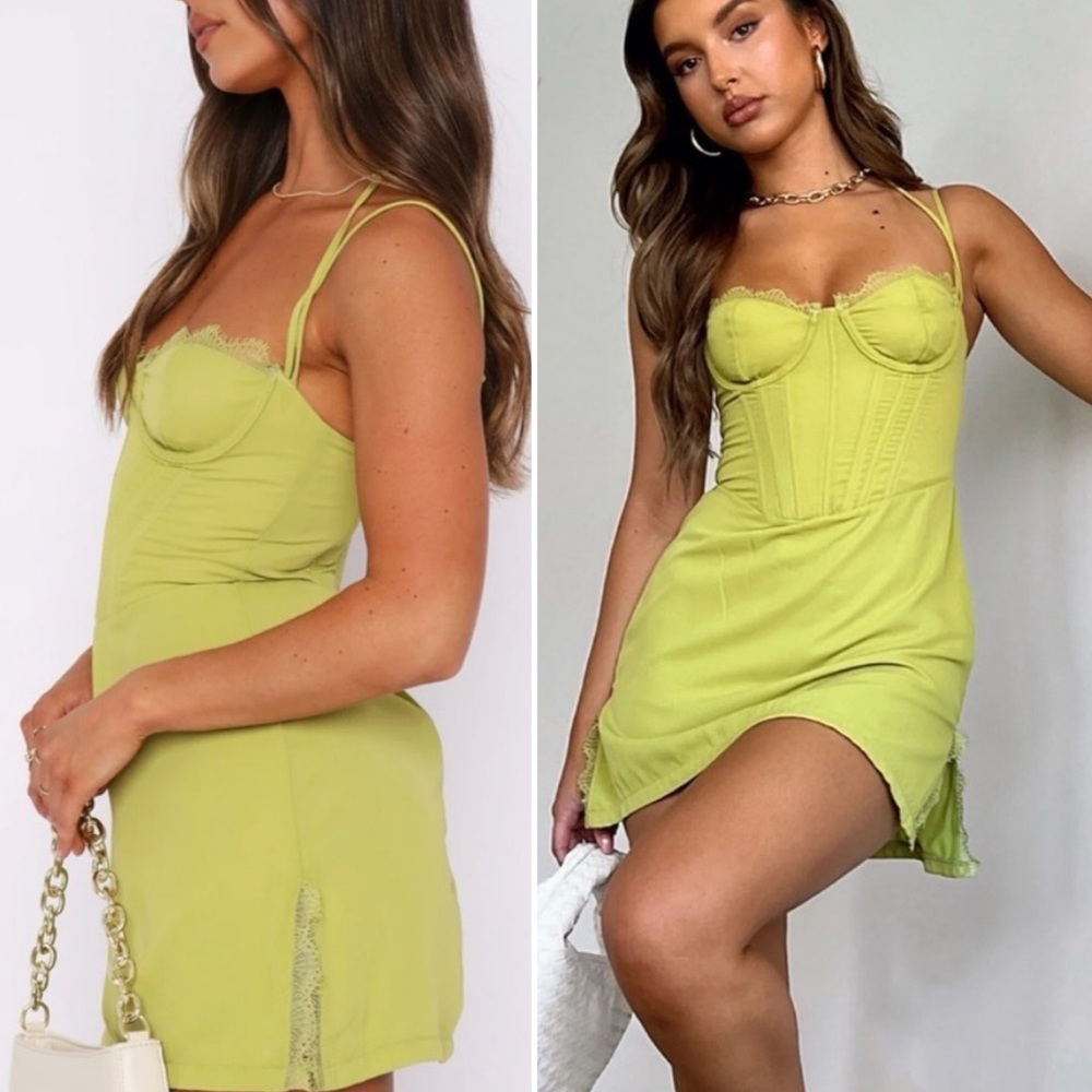 NWT White Fox Boutique • Move Along Matcha Green Bustier Lace Mini Dress Size S